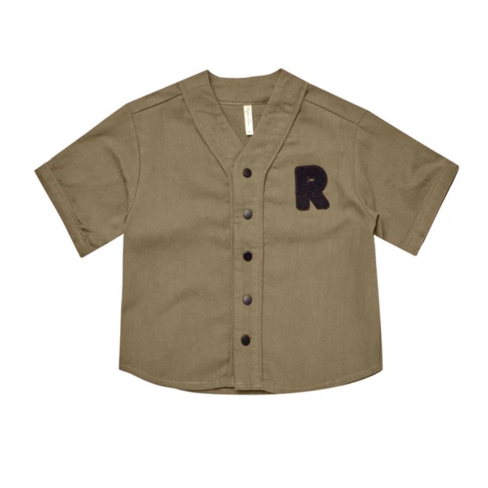 Rylee + Cru Olive Green Button Down Baseball Shirt with Black 'R' Patch